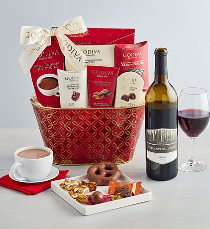 Godiva Decadence Gift Basket with Wine - Deluxe